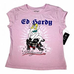 NWT Ed Hardy Pink Hollywood Candy baby t sexy woman on panther printed graphic L